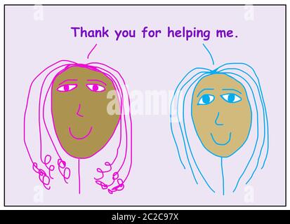 Farb-Cartoon von zwei lächelnden, schönen, afroamerikanischen Frauen, die danke für die Hilfe. Stockfoto