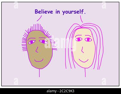 Farbe Cartoon von zwei lächelnden, schönen und ethnisch verschiedenen Frauen sagen, glauben Sie an sich. Stockfoto