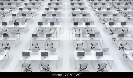 Viele leere identische Arbeitsplätze mit Computern im Inneren eines offenen Bürorämtes. Großer heller Büroraum in Schwarz und Weiß ohne Personen. 3D Stockfoto