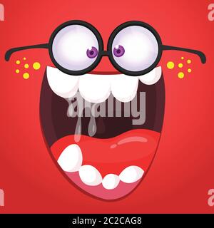 Wütend Cartoon Monster Gesicht tragen Brillen. Vektor Halloween Monster Quadrat Avatar Stock Vektor