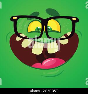Wütend Cartoon Monster Gesicht tragen Brillen. Vektor Halloween Monster Quadrat Avatar Stock Vektor