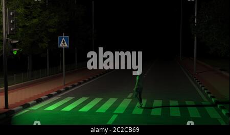Ein Fußgänger überquert die Straße auf einer unbeleuchteten Straße in der Nacht an der grünen Ampel. Ein Mann folgt den Regeln der Straße. 3D-Rendering Stockfoto