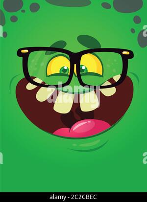 Wütend Cartoon Monster Gesicht tragen Brillen. Vektor Halloween Monster Quadrat Avatar Stock Vektor
