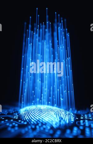 3D Illustration. Fingerabdruck in einer gedruckten Schaltung, Freigabe Binärcodes integriert. Stockfoto