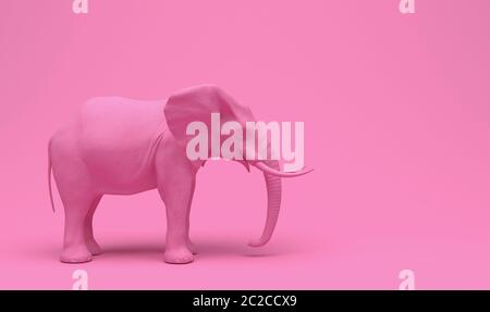 Ein einfarbiger realistischer Elefant in rosa isoliert auf einem rosa Hintergrund. Kreative konzeptuelle monochrome Illustration mit Kopierraum. 3D-Rendering. Stockfoto