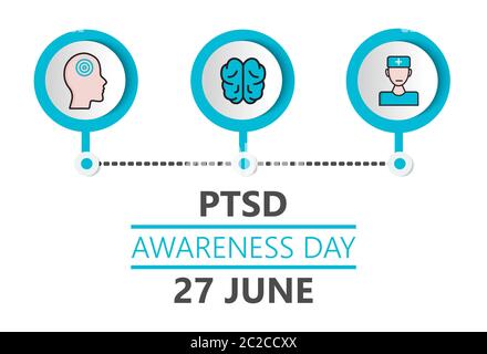 Der Tag des Bewusstseins für die posttraumatische Belastungsstörung wird im 27. Juni gefeiert. PTSD-Monatsvektor für Poster, Banner, Web, App. Psychische Gesundheit und Depression Stock Vektor