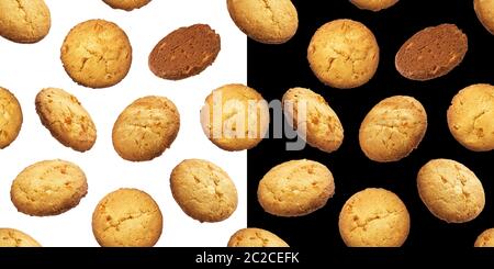 Oatmeal Chocolate Chip Cookies nahtlose Muster, auf weißem und schwarzem Hintergrund isoliert Stockfoto