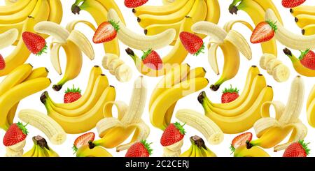 Banane und Erdbeere nahtlose Muster, fallende Bananen und Erdbeeren auf weißem Hintergrund mit Freistellungspfad isoliert Stockfoto