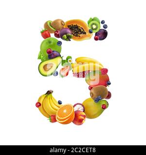 Nummer fünf verschiedener Früchte und Beeren, Obst Alphabet auf weißem Hintergrund Stockfoto