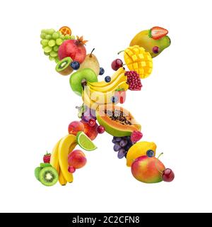 Letter-X aus verschiedenen Früchten und Beeren, Obst Alphabet auf weißem Hintergrund Stockfoto