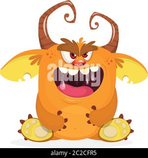 Wütend Cartoon Monster sitzen. Halloween Vektor gehörnte Monster Clipart Illustration Stock Vektor
