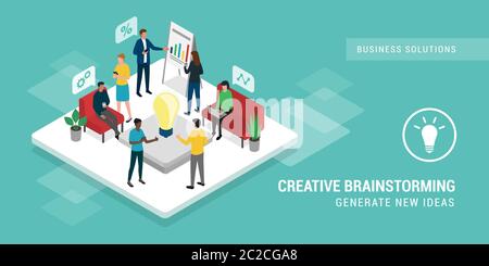 Kreative Geschäftsleute treffen und finden neue Ideen zusammen, sie diskutieren Geschäftsstrategien und verbinden sich online Stock Vektor