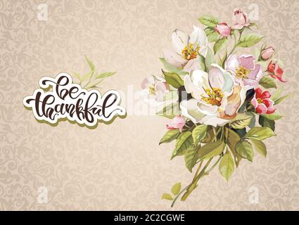 Grußkarte mit rosa und weißen Kirschblüten. Rahmen im Aquarellstil. Hochzeitseinladung Zeremonie Karte. Stockfoto