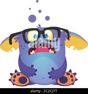 Überrascht Monster tragen Brillen und sitzen. Halloween Vektor Illustration Stock Vektor
