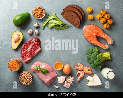 Ausgewogene Ernährung Konzept, Kopie Raum Zentrum, Draufsicht Stockfoto