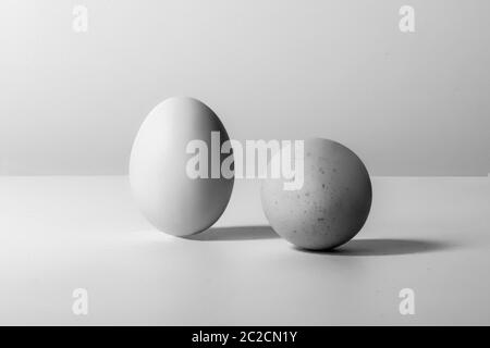 Zwei realistische weiße Eier , eine vertikale und die andere horizontale, von der Seite betrachtet, vor weißem Hintergrund, Vorlage für frohe ostern Stockfoto