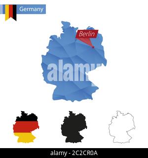 Deutschland blaue Low Poly Karte mit Hauptstadt Berlin, Versionen mit Flagge, schwarz und Umriss. Vektorgrafik. Stock Vektor