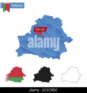 Weißrussland blaue Low Poly Karte mit Hauptstadt Minsk, vier Versionen der Karte. Vektorgrafik. Stock Vektor