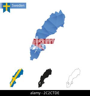 Schweden blau Low Poly Karte mit Hauptstadt Stockholm, Versionen mit Flagge, schwarz und Umriss. Vektorgrafik. Stock Vektor