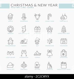 Weihnachten und Neujahr umreißen Symbole gesetzt. Vector Kollektion mit dünnen Linien für die Weihnachtsgrüße. Isolierte Winter Urlaub Symbole - Santa, Schneemann, Geschenke, Stock Vektor