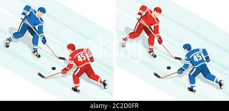 Roter Eishockeyspieler gegen den blauen Stock Vektor