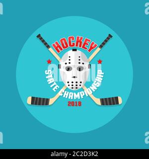 Eishockey-Logo in flacher Ausführung mit Torwartmaske und gekreuzten Stöcken. Stock Vektor