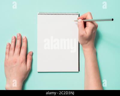 Leeres Papier Notizbuch und weibliche Hände mit Bleistift Stockfoto