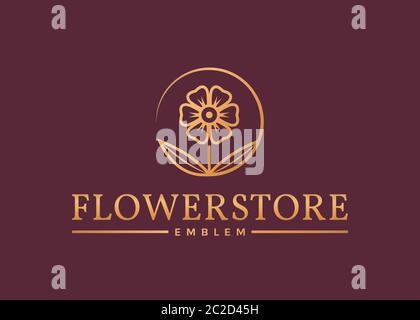 Blumengeschäft Logo. Elegantes goldenes Blumenemblem isoliert auf sauberem Hintergrund. Vektorvorlage. Stock Vektor