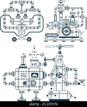 Fantastisches industrielles monochromes Geräteset Stock Vektor