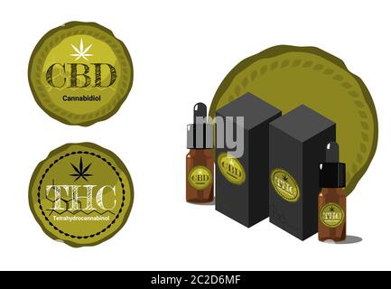 Vektor-Design Gesundheit und medizinisches Konzept. Symbol oder Logo für CBD Cannabinoide und THC Tetrahydrocannabinol Produkte und Öl-Paket