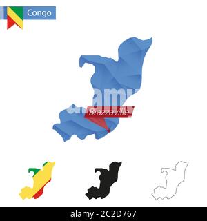 Kongo blau Low Poly Karte mit Hauptstadt Brazzaville, Versionen mit Flagge, schwarz und Umriss. Vektorgrafik. Stock Vektor