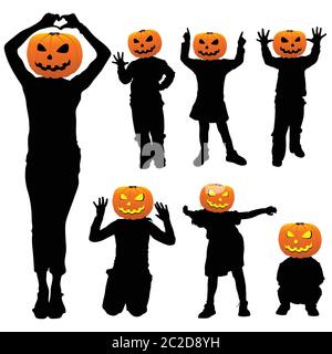 Kinder mit Kürbis auf dem Kopf Set Illustration Stock Vektor