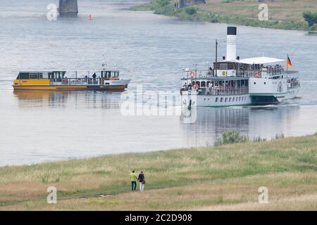 Dresden, Deutschland. Juni 2020. Der historische Raddampfer 'Dresden' (r) der Sächsischen Dampfschiffahrt (SDS) fährt auf der Elbe neben einer Passagierfähre in Richtung Pillnitz. Quelle: Sebastian Kahnert/dpa-Zentralbild/ZB/dpa/Alamy Live News Stockfoto