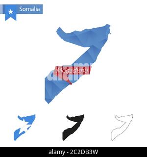 Somalia blau Low Poly Karte mit Hauptstadt Mogadischu, Versionen mit Flagge, schwarz und Umriss. Vektorgrafik. Stock Vektor