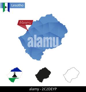 Lesotho blau Low Poly Karte mit Hauptstadt Maseru, Versionen mit Flagge, schwarz und Umriss. Vektorgrafik. Stock Vektor