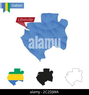 Gabun blau Low Poly Karte mit Hauptstadt Libreville, vier Versionen der Karte. Vektorgrafik. Stock Vektor