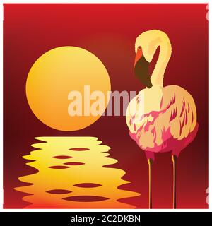 Stilisierte Illustration von Flamingo in der Sonne am Wasser Stock Vektor