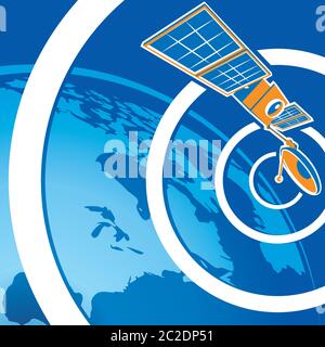 Stilisierte Vektor-Illustration zum Thema Kommunikation, Rundfunk und Navigation. Telekommunikation Satellit, um die Erde zu umkreisen. Stock Vektor