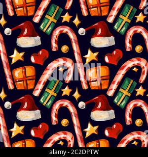 Nahtlose Muster mit weihnachtlichen Symbole. Caramel Zuckerrohr, Lollipop, goldene Sterne, goldenen und grünen Geschenkboxen mit Bändern, Santa Claus hat auf einem dunklen Blu Stockfoto