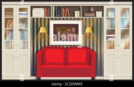 Illustration zum Thema Wohnen, Bibliotheken, Leseplätze mit Sofa, Wandleuchte und Bücherregale. Kann in Ihrem Design, Werbung, illustrate verwendet werden Stock Vektor