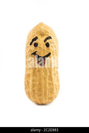 Smiley-Gesicht auf getrocknete Erdnuss auf weißem Hintergrund gezeichnet. Konzept für glückliche oder gute Laune Stockfoto