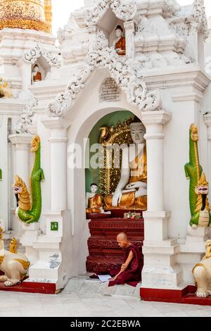 Ein buddhistischer Mönch an der Shwedagon Pagode, Yangon, Myanmar. Stockfoto