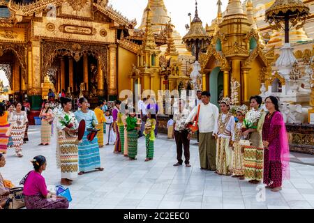 Eine Noviziation/Shinbyu Zeremonie findet in der Shwedagon Pagode, Yangon, Myanmar statt. Stockfoto