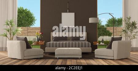 Schlafzimmer einer modernen Villa mit Doppelbett - 3D-Rendering Stockfoto