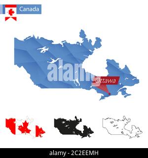 Kanada blau Low Poly Karte mit Hauptstadt Ottawa, Versionen mit Flagge, schwarz und Umriss. Vektorgrafik. Stock Vektor