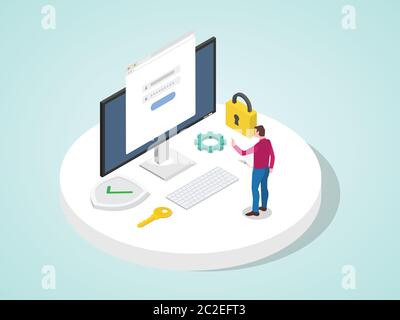 Mann Zugang Anwendung anmelden mit Passwort auf Computer schützen persönliche Informationssystem. Konto persönliche Sicherheit Konzept moderne Wohnung Cartoon sty Stockfoto