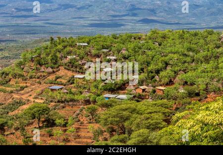 Panorama Landschaft von Konso Stammes Dorf in Carat Konso, Äthiopien. Äthiopien, Afrika UNESCO Welterbe. Stockfoto