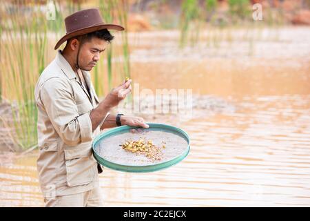 Goldsucher hält ein Exemplar des Goldnuggets Stockfoto