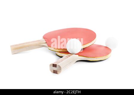 Nahaufnahme von Ping-pong Fledermäuse mit zwei Kugeln, auf weißem Hintergrund. Stockfoto