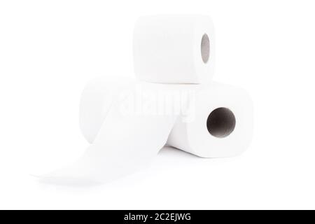 Nahaufnahme von drei leere Rollen Toilettenpapier, auf weißem Hintergrund. Stockfoto